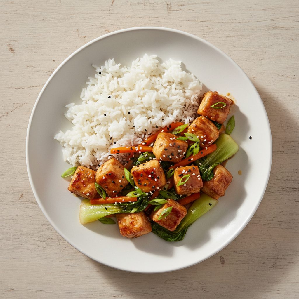 Kipdijreepjes met lente-uitjes, sojasaus en Jasmijnrijst
