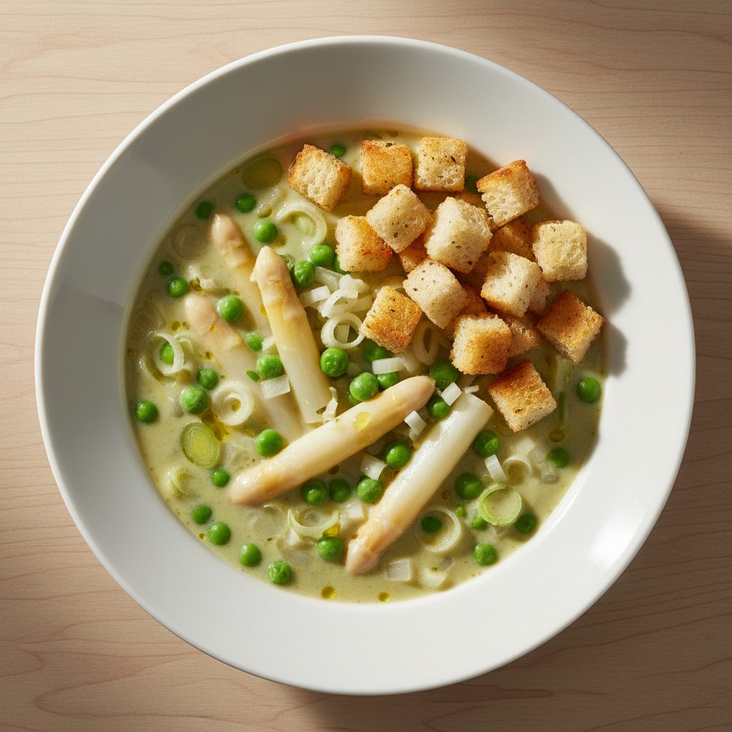Romige aspergesoep met doperwten en broodcroutons