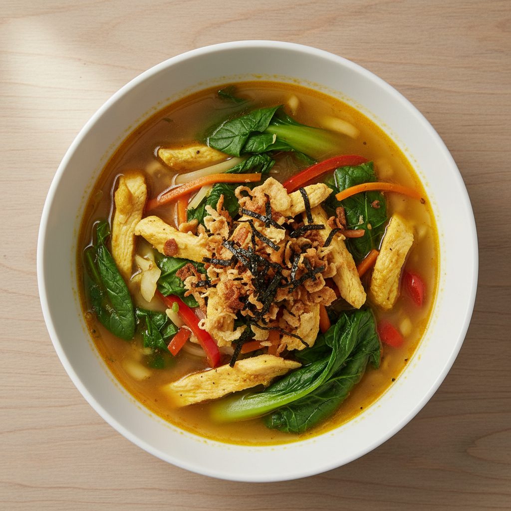 Aziatische kippensoep met groentegemak en spinazie