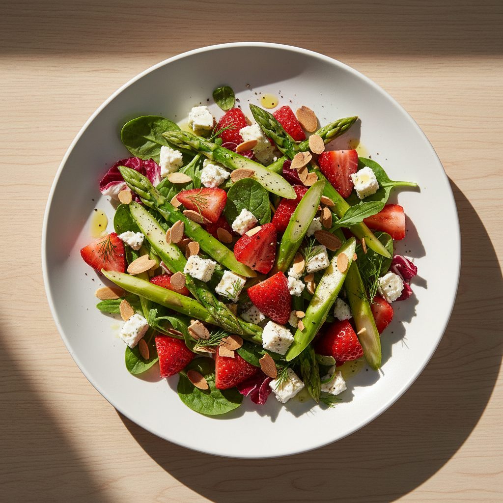 Groene-asperge salade met aardbeien, feta en geroosterde amandelen
