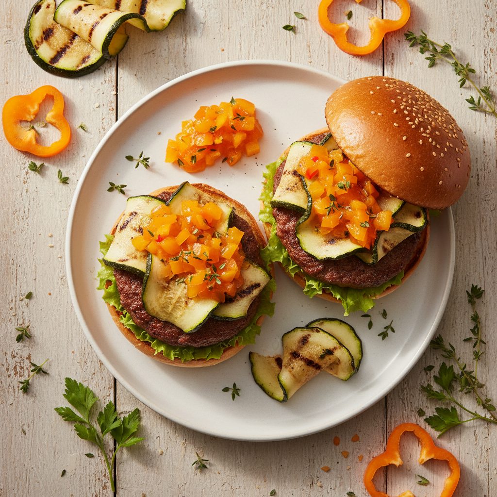 Burgers met gegrilde courgette en oranje paprika-relish