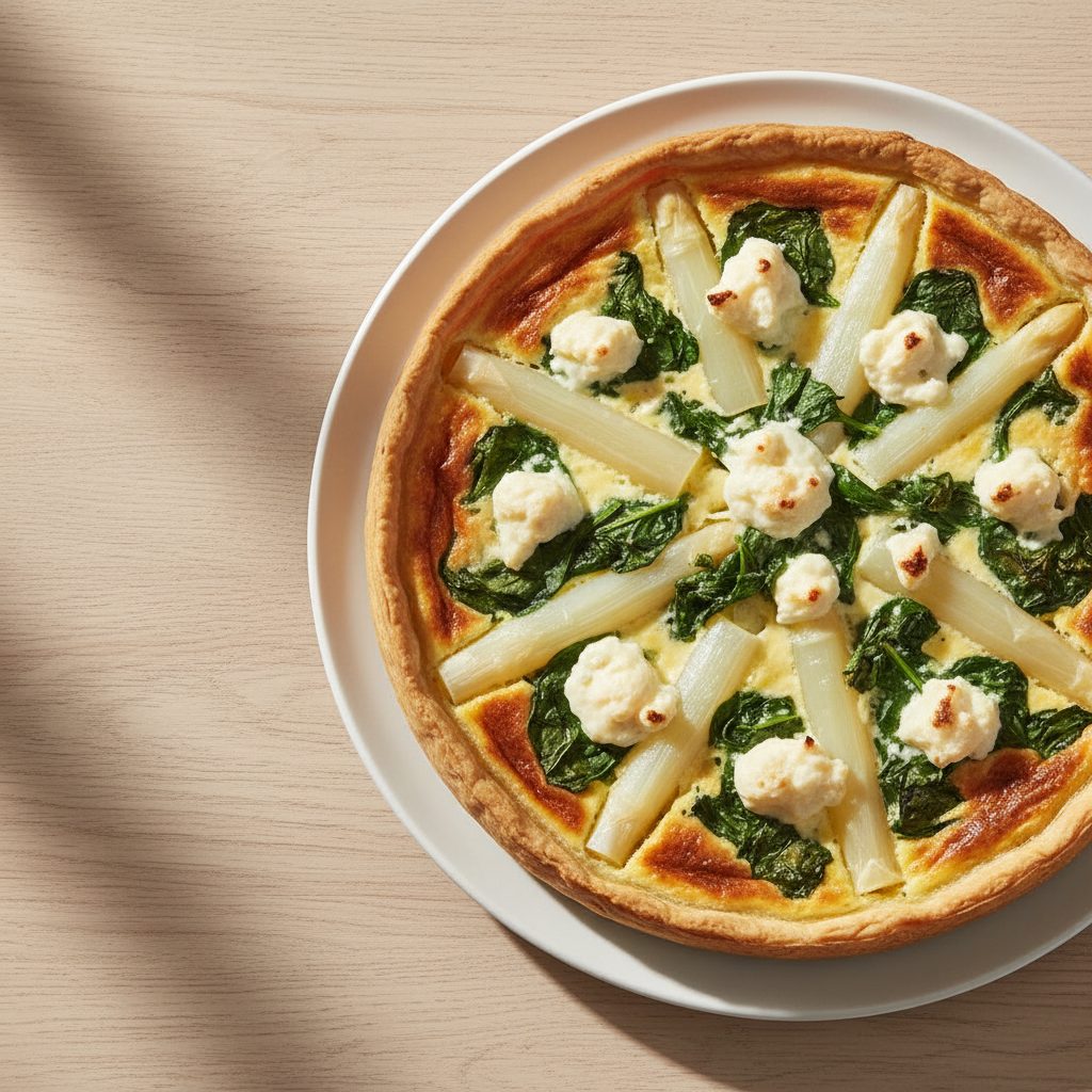 Vegetarische quiche met asperges, spinazie en geitenkaas