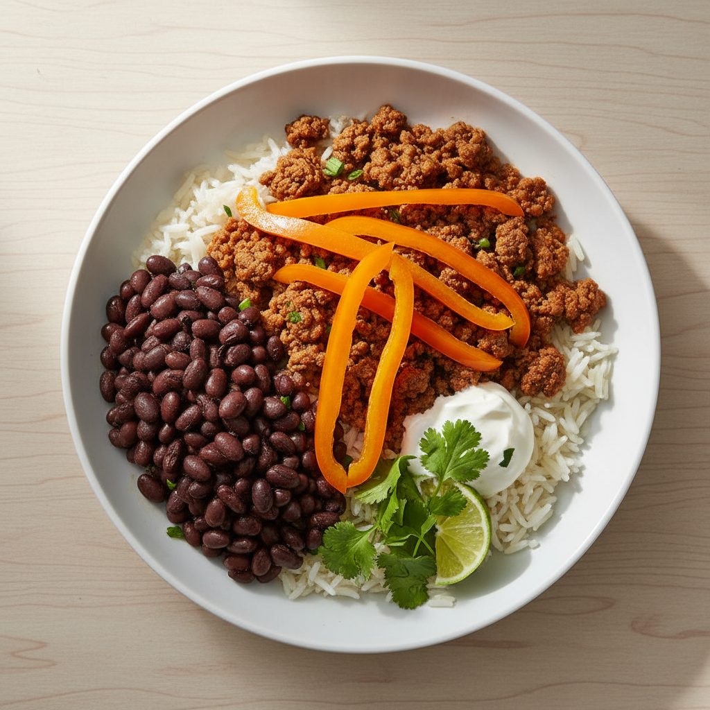 Mexicaanse burrito bowl met rundergehakt en oranje paprika