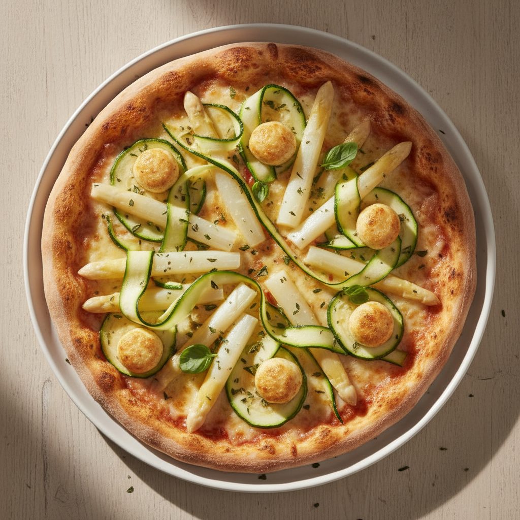 Vegetarische pizza met asperges, courgette en borrelkaasjes
