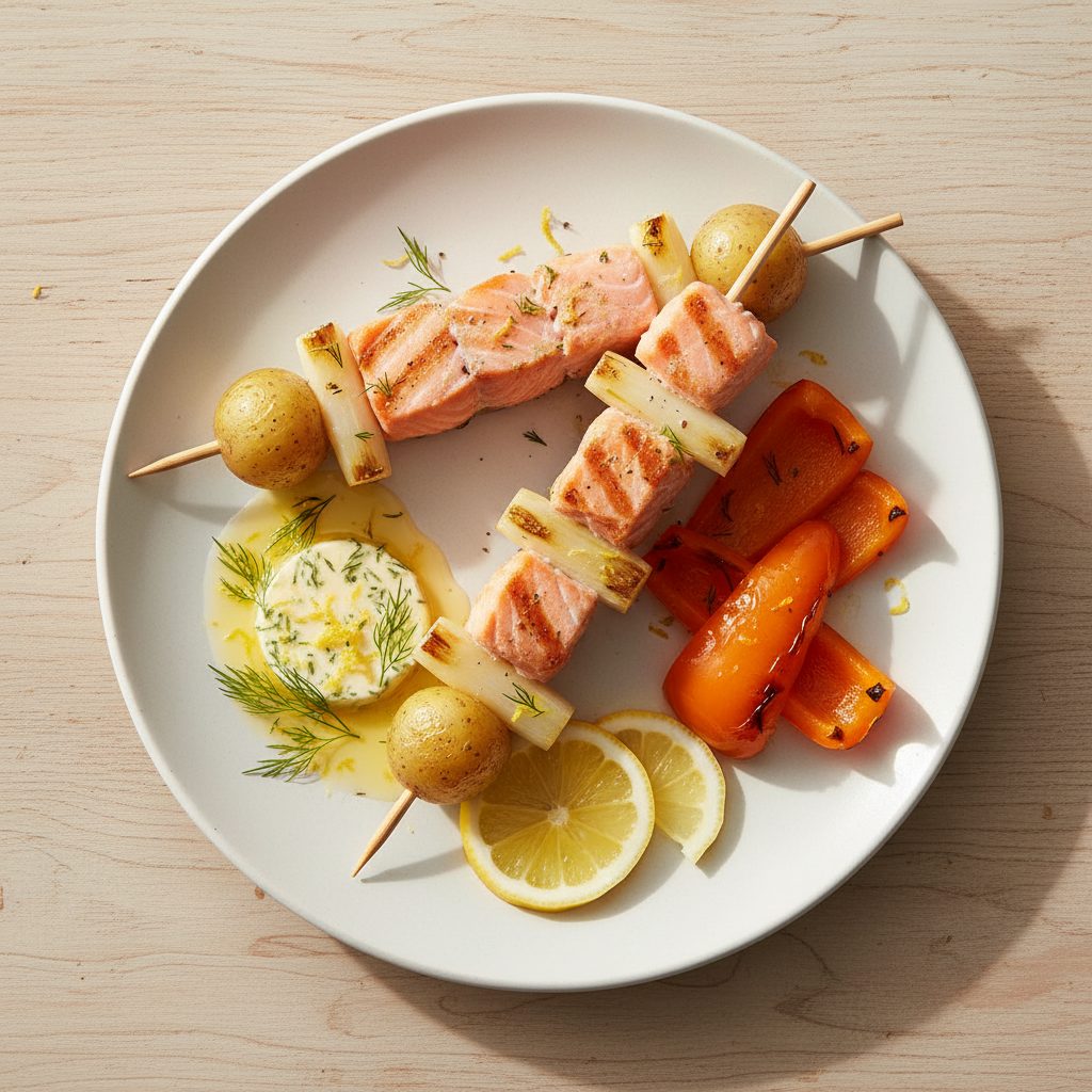 Gegrilde zalmspiesjes met asperges en citroen-dille boter
