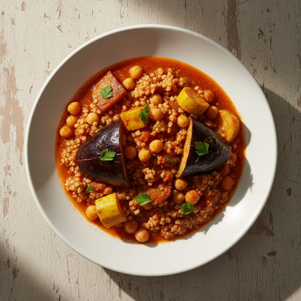 Langzaam gestoofde aubergine met tomaat, kikkererwten en bulgur