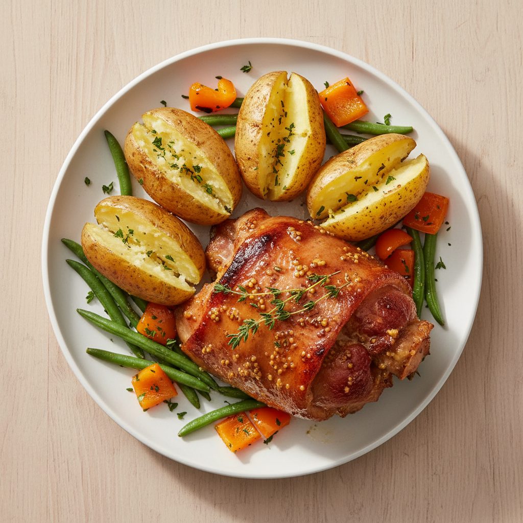 Gegrilde beenham met honing-mosterdglazuur en gepofte aardappel