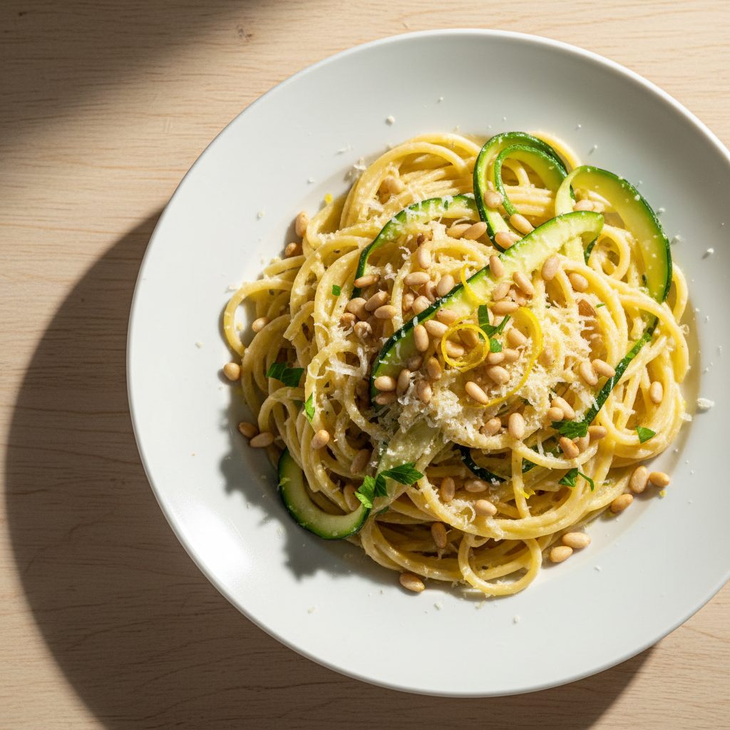 Pasta al limone met courgette en pijnboompitten