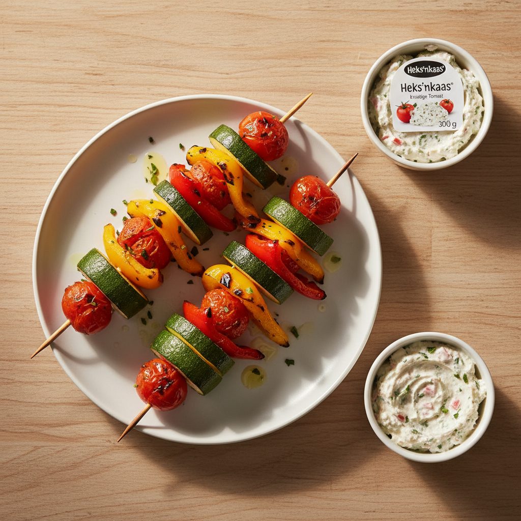 BBQ-spiesjes van courgette, paprika en kruidige Heks'nkaas-tomaatjes