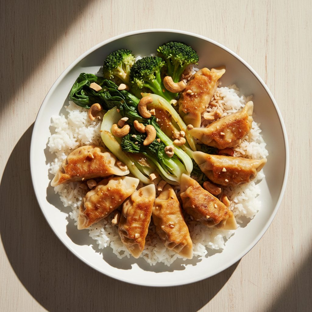 Aziatische kip-gyoza-bowl met paksoi, broccoli en cashewnoten