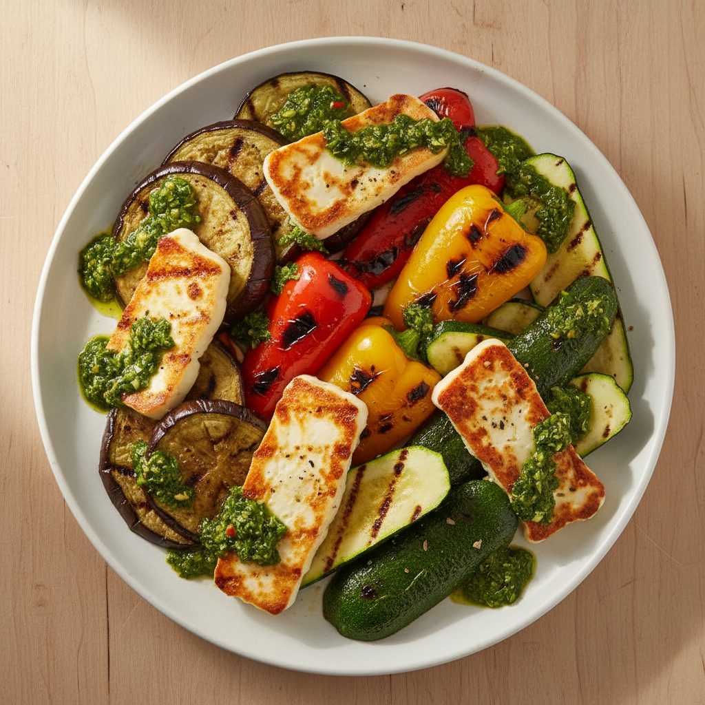 Argentijnse gegrilde groenteschotel met halloumi en chimichurri