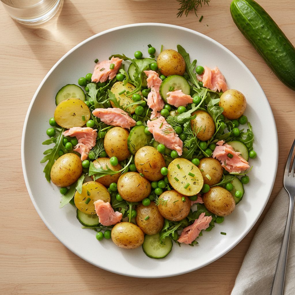 Mediterraanse aardappelsalade met warmgerookte zalm en doperwten
