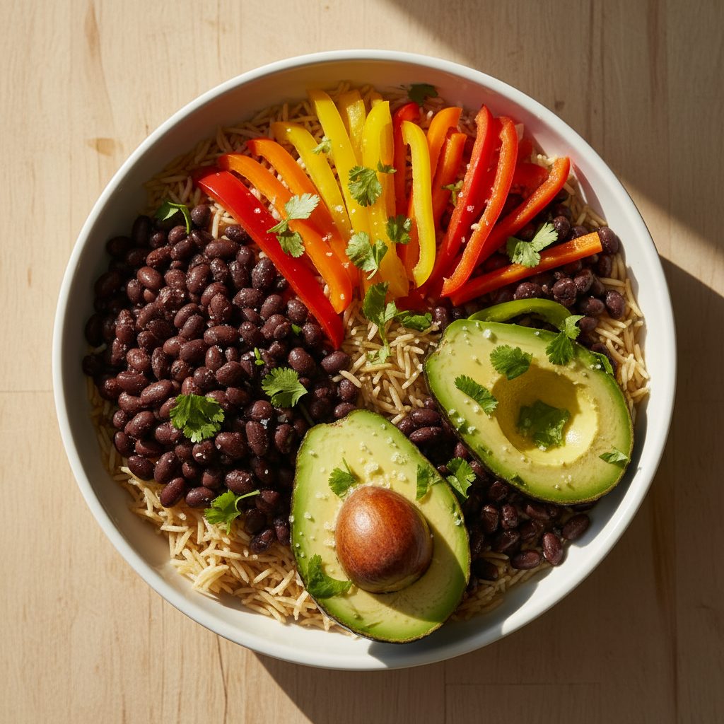 Mexicaanse burrito bowl met zwarte bonen en avocado