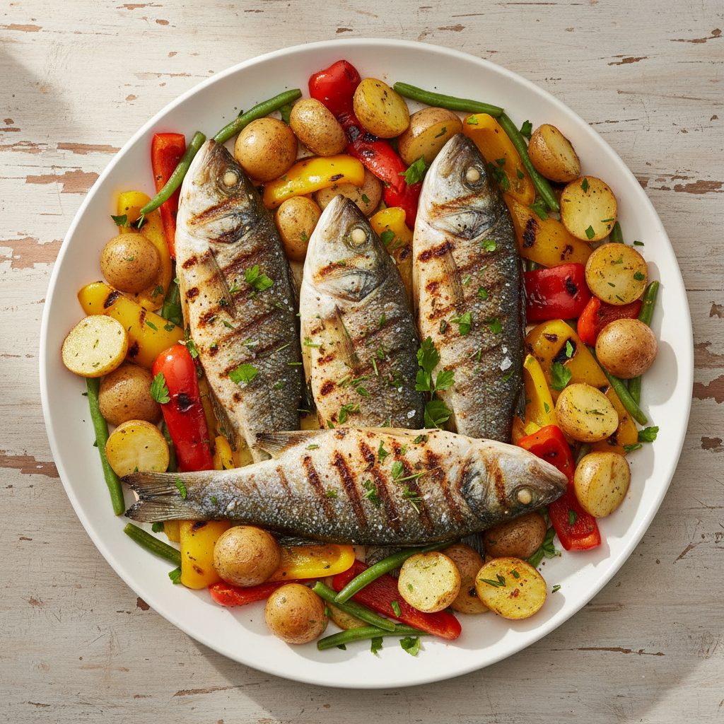 Spaanse gegrilde zeebaars met krieltjes en paprika van de plancha