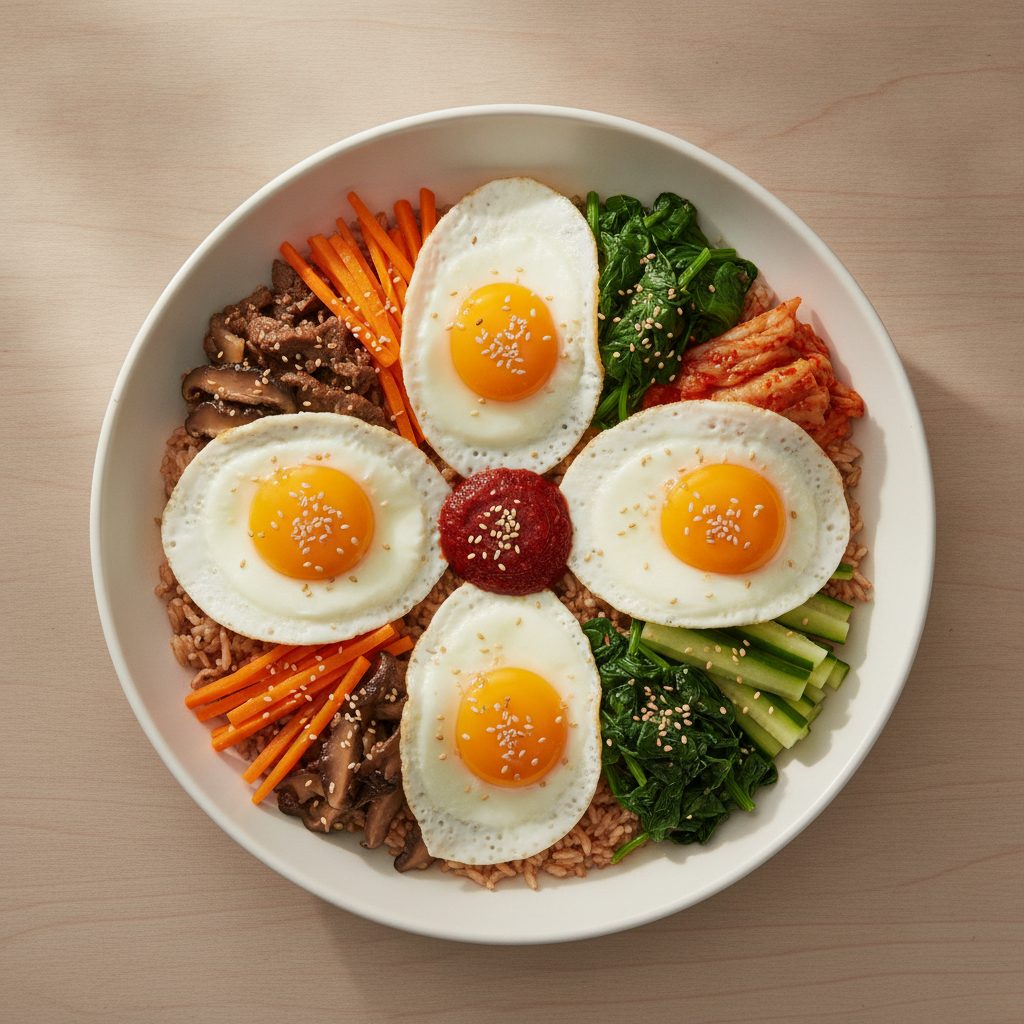 Koreaanse bibimbap-bowl met spinazie, wortel en ei