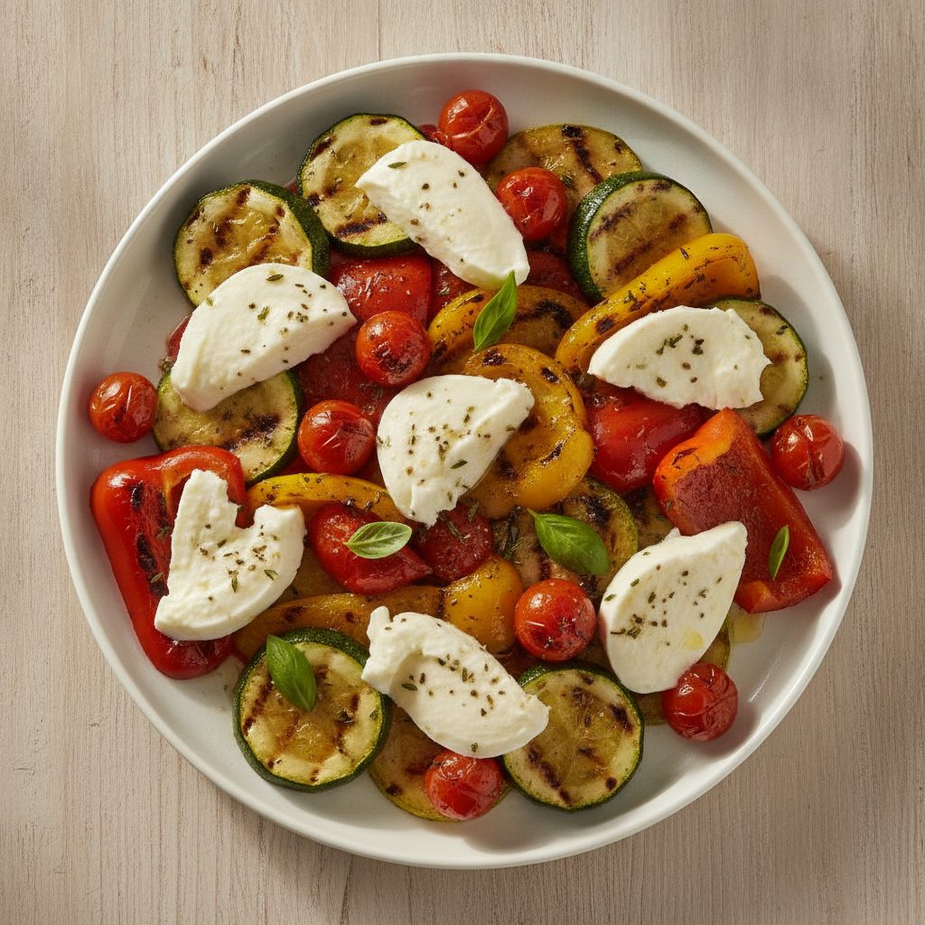 Provençaalse gegrilde zomergroente met mozzarella van de plancha