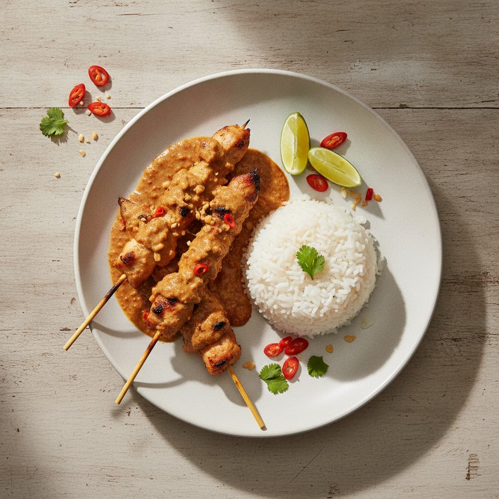 Indonesische kipsaté van de barbecue met pindasaus