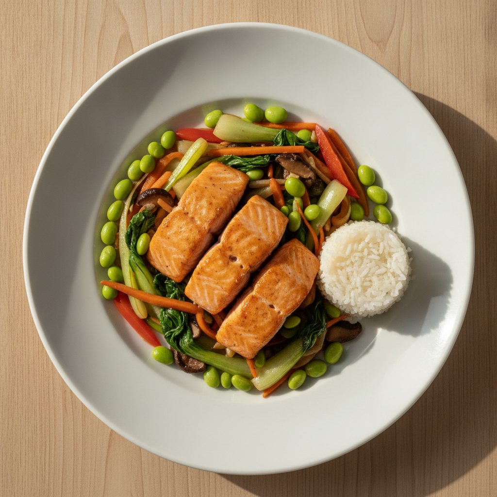 Chinese zalm uit de oven met wokgroente en edamame