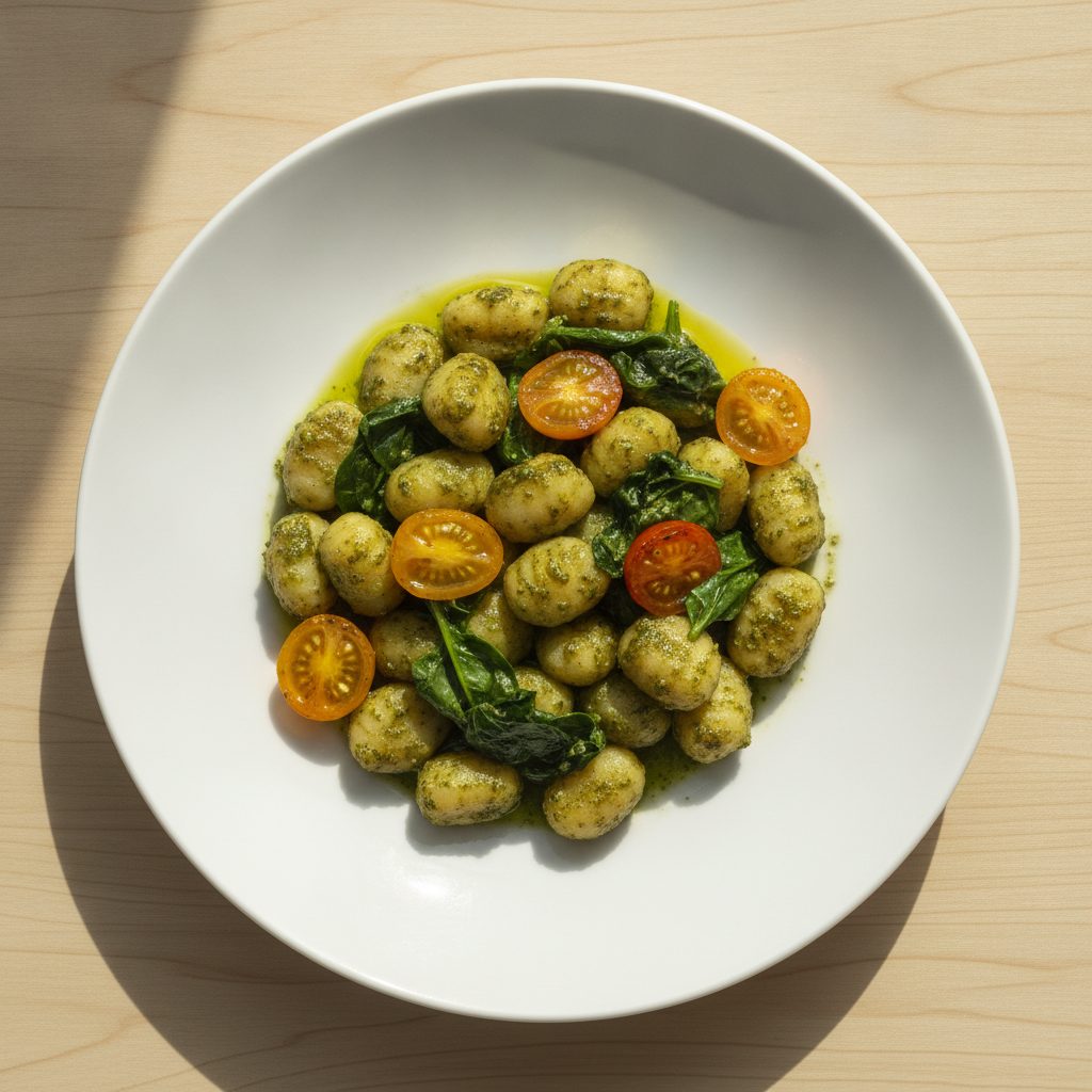 Mediterrane gnocchi met honingtomaat, pesto en spinazie