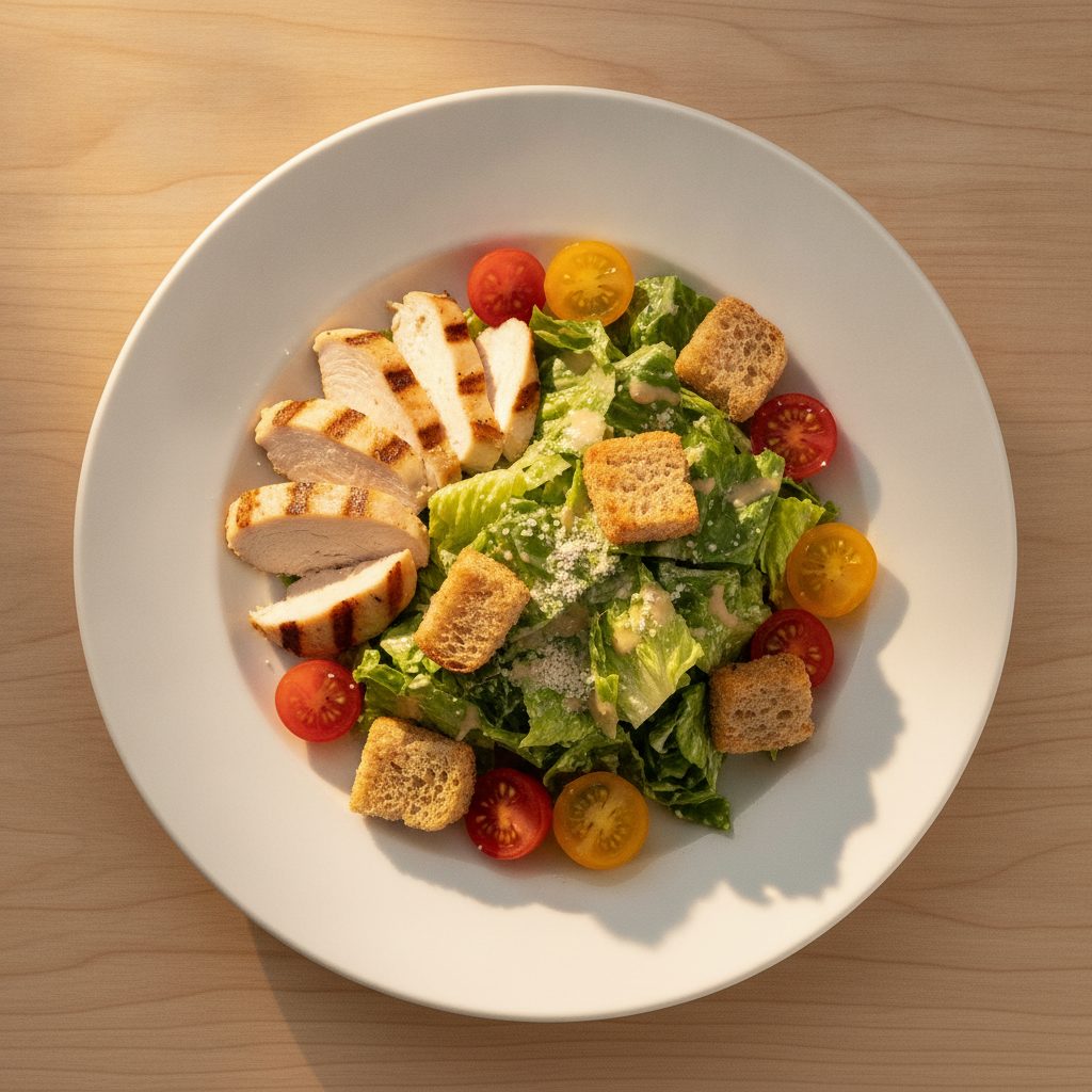 Caesar-maaltijdsalade met gegrilde kip en knapperige croutons