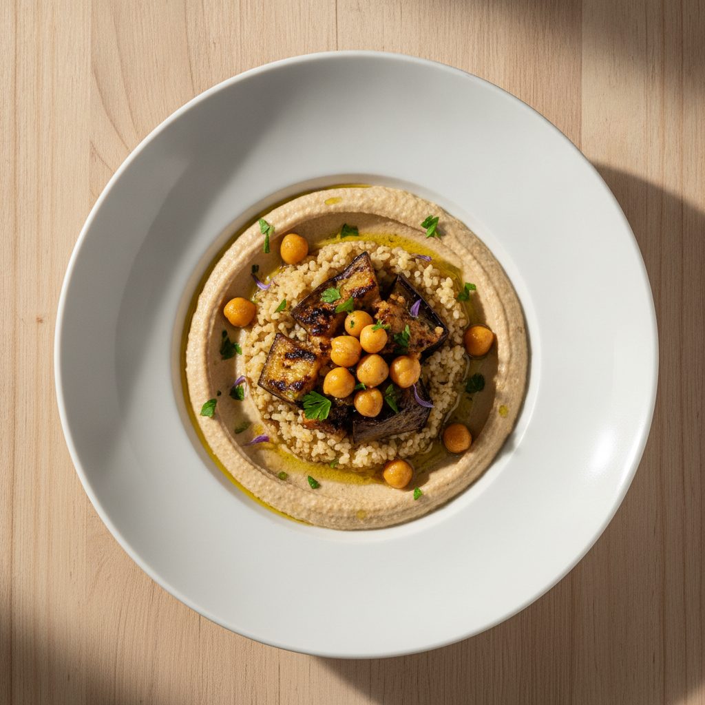 Libanese mezze-bowl met hummus, kikkererwten en geroosterde aubergine