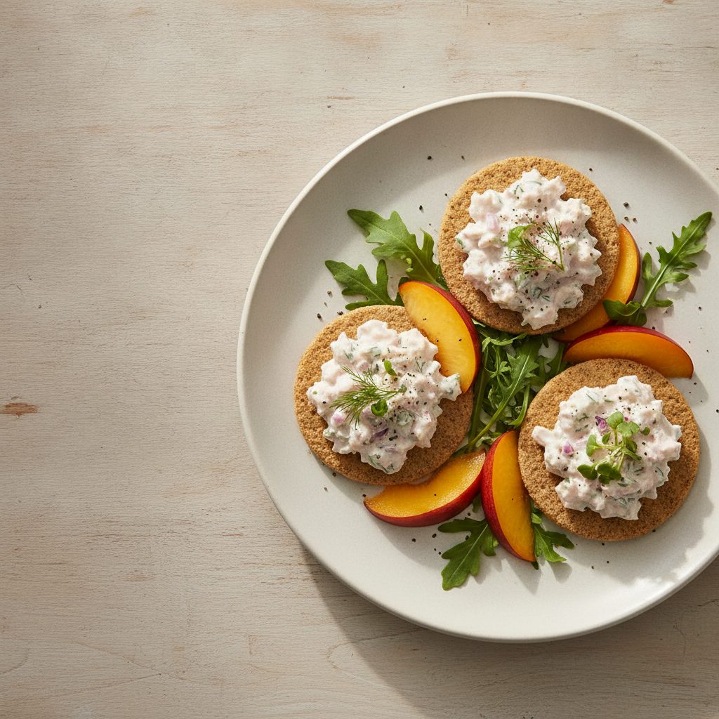 Deense forelsalade op volkoren met rucola en nectarine