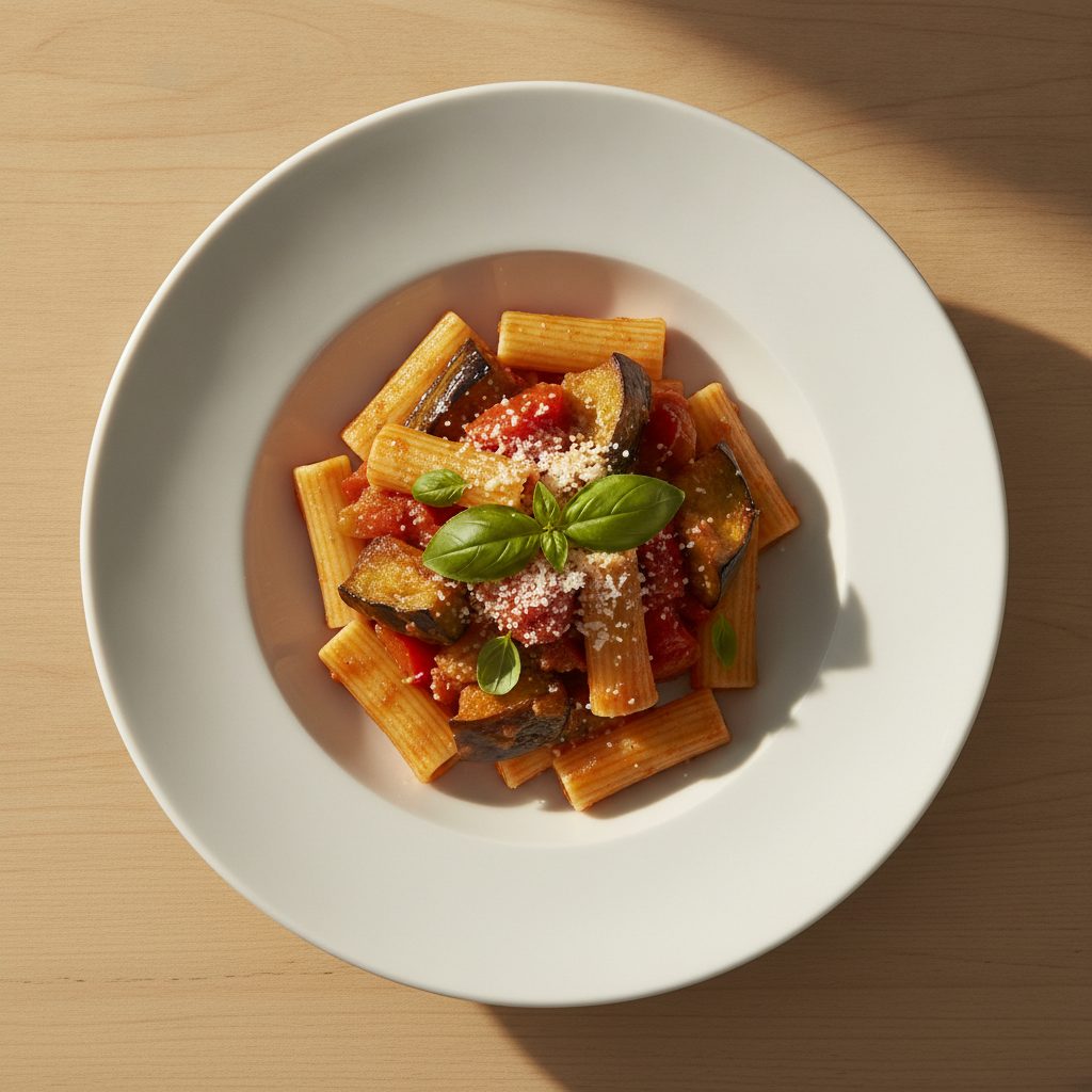Siciliaanse pasta alla norma met gebakken aubergine