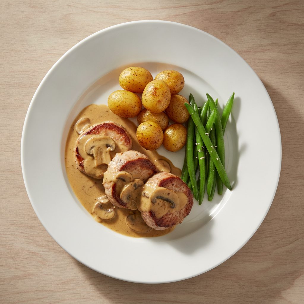 Varkenshaas met romige champignonsaus en krokante krieltjes