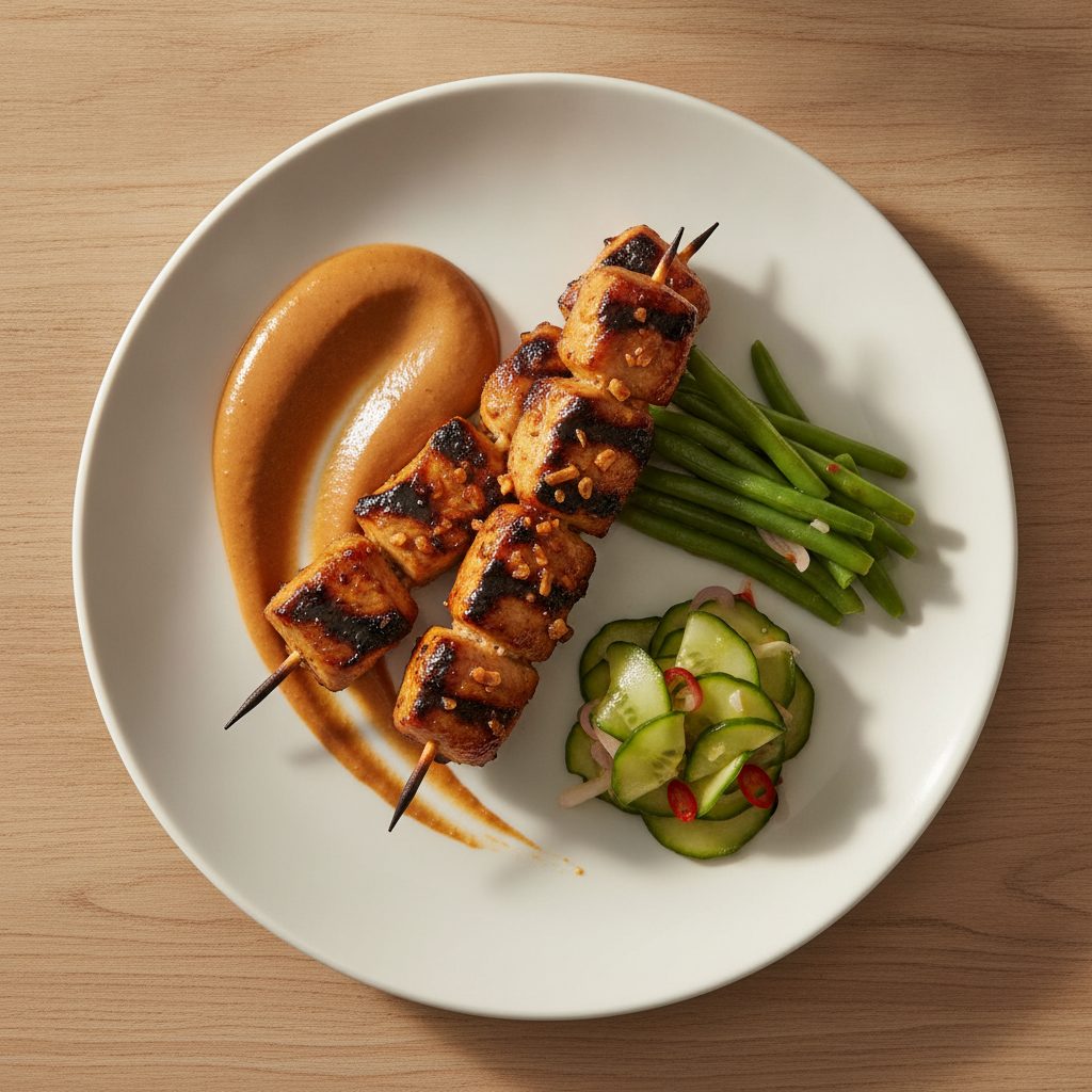 Kipsaté van de barbecue met pindasaus, sperziebonen en komkommer-atjar