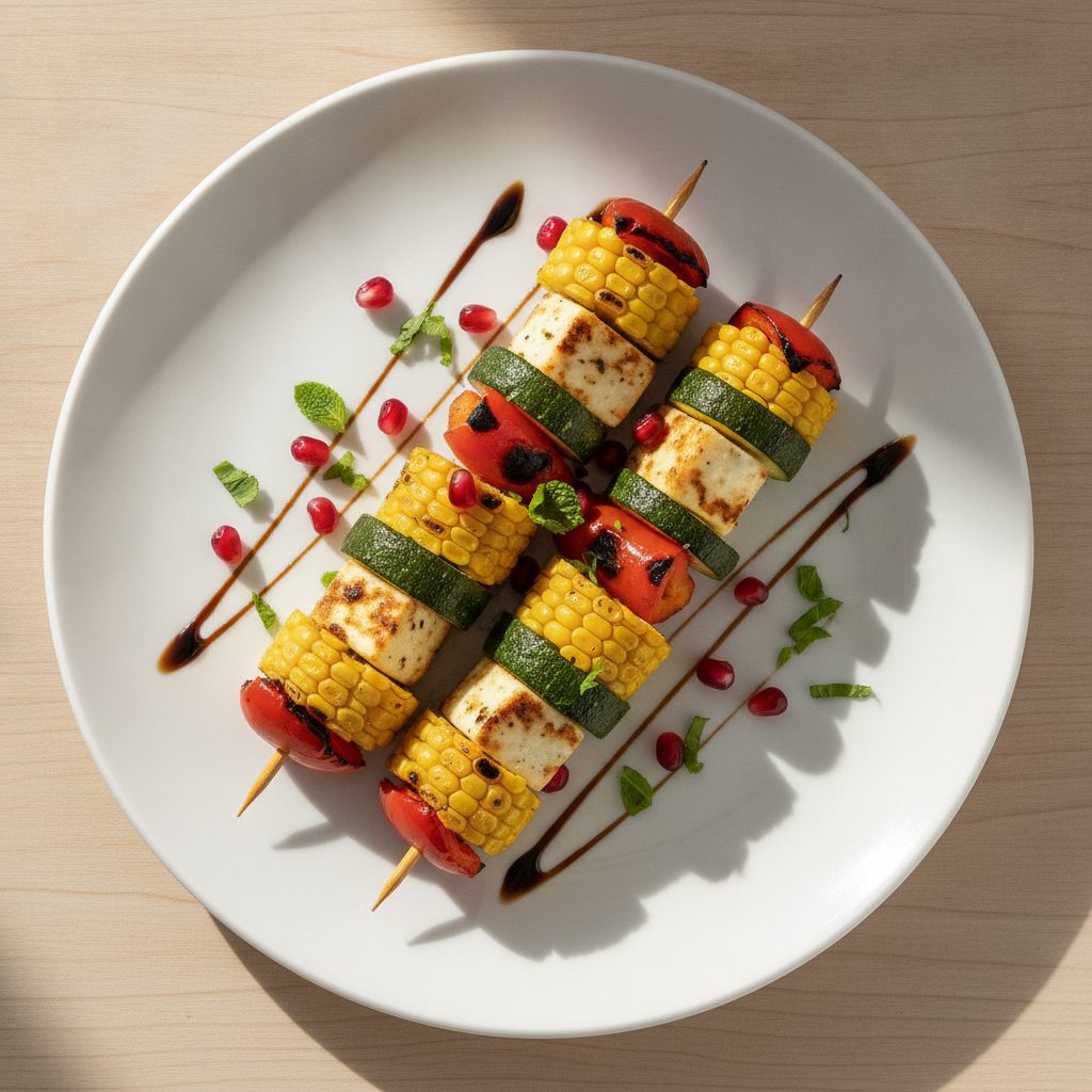 Mediterrane groentespiesjes van de barbecue met halloumi en granaatappel