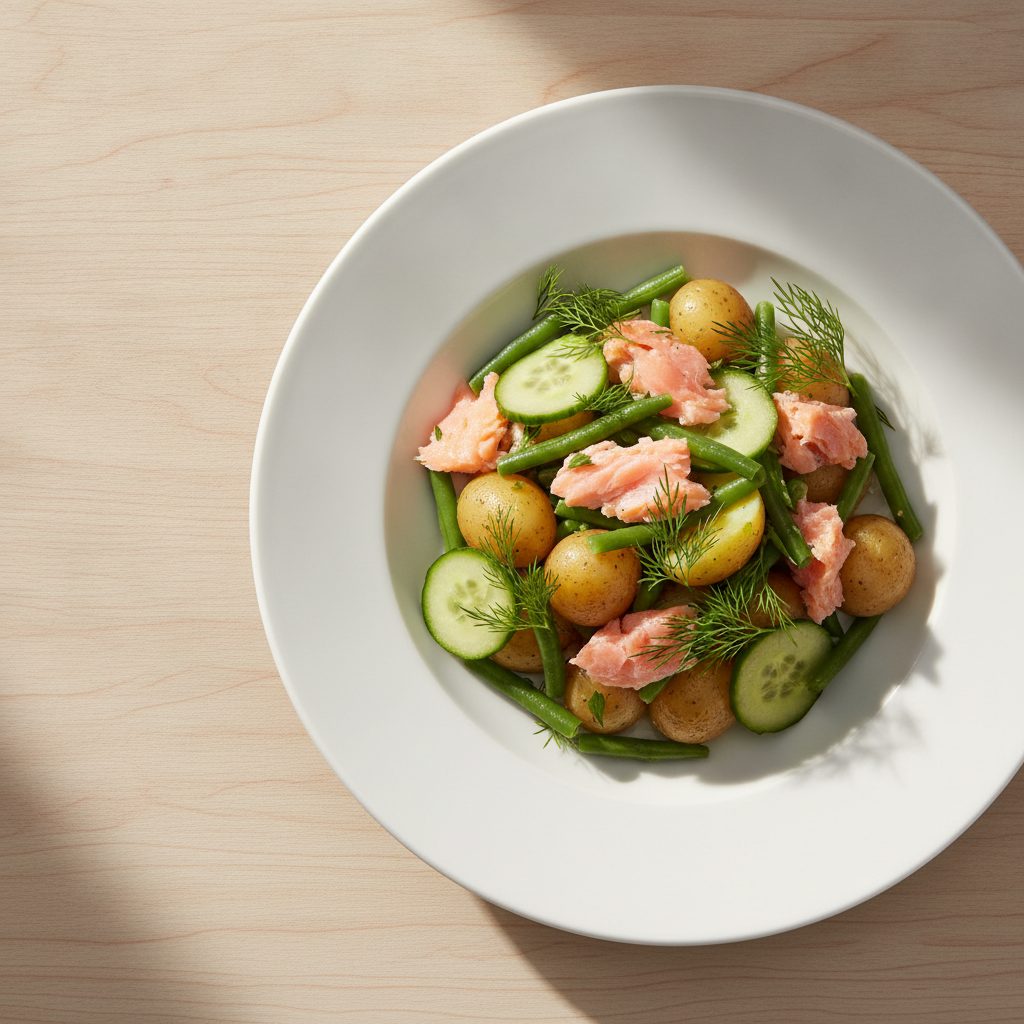 Deense krieltjessalade met gerookte zalm, sperziebonen en dille