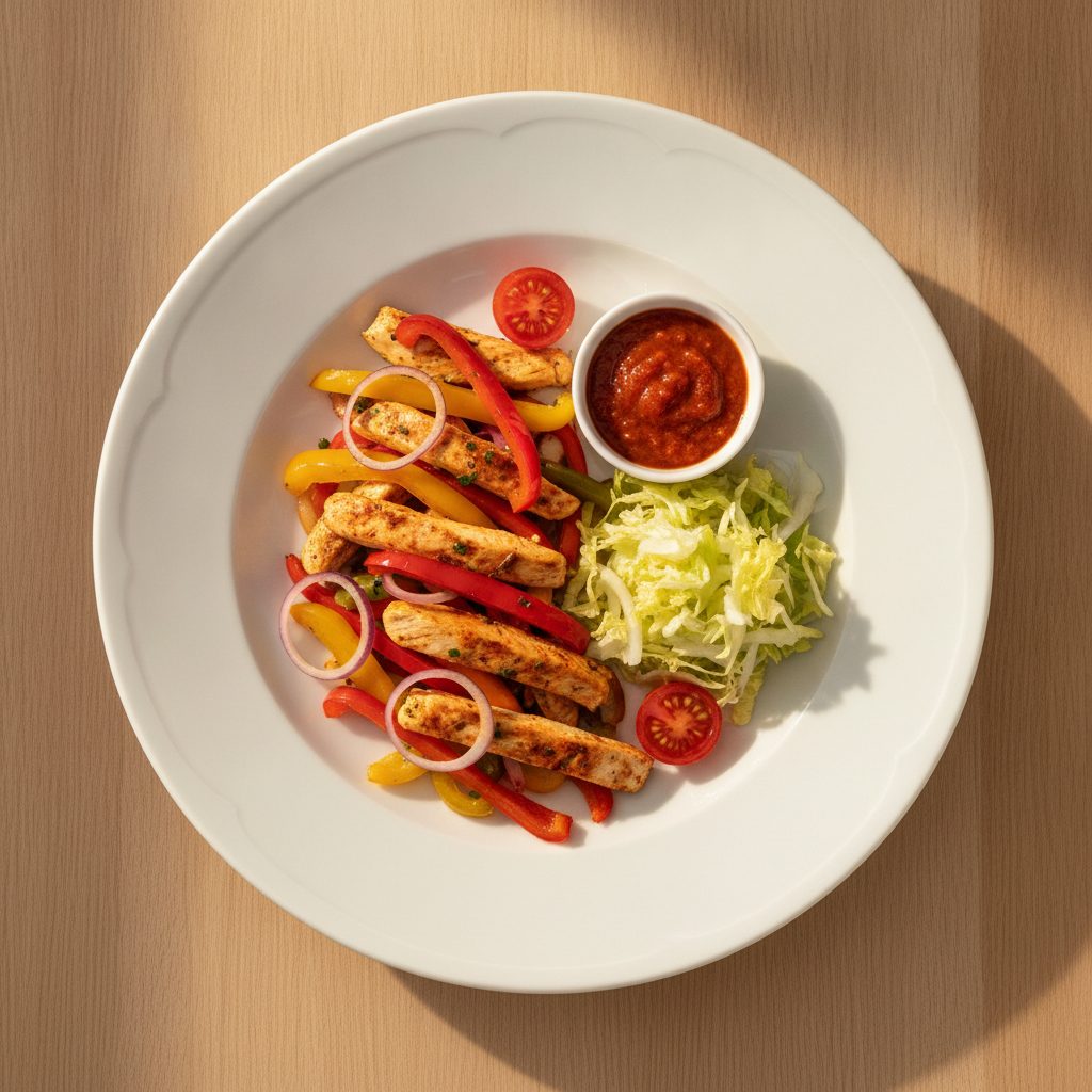 Mexicaanse kip-fajitapan met paprika, knapperige sla en chilidip