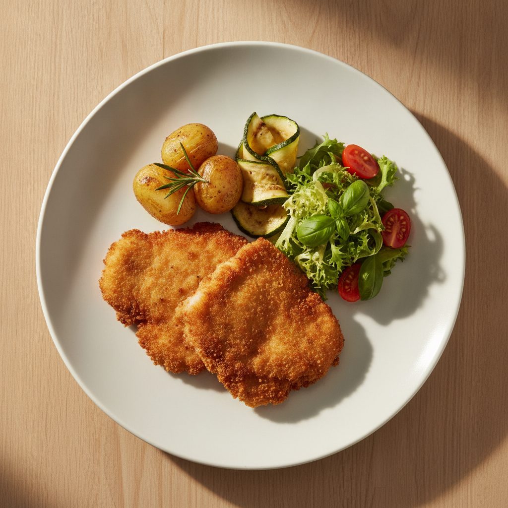 Milanese varkensschnitzel met krieltjes, gegrilde courgette en tomaat-basilicumsalade