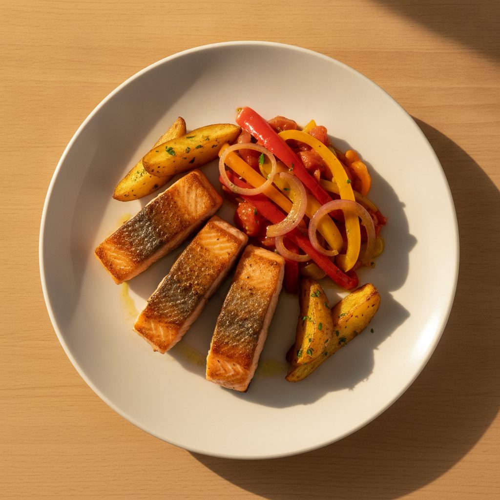 Baskische zalm van de plancha met piperade en aardappelpartjes