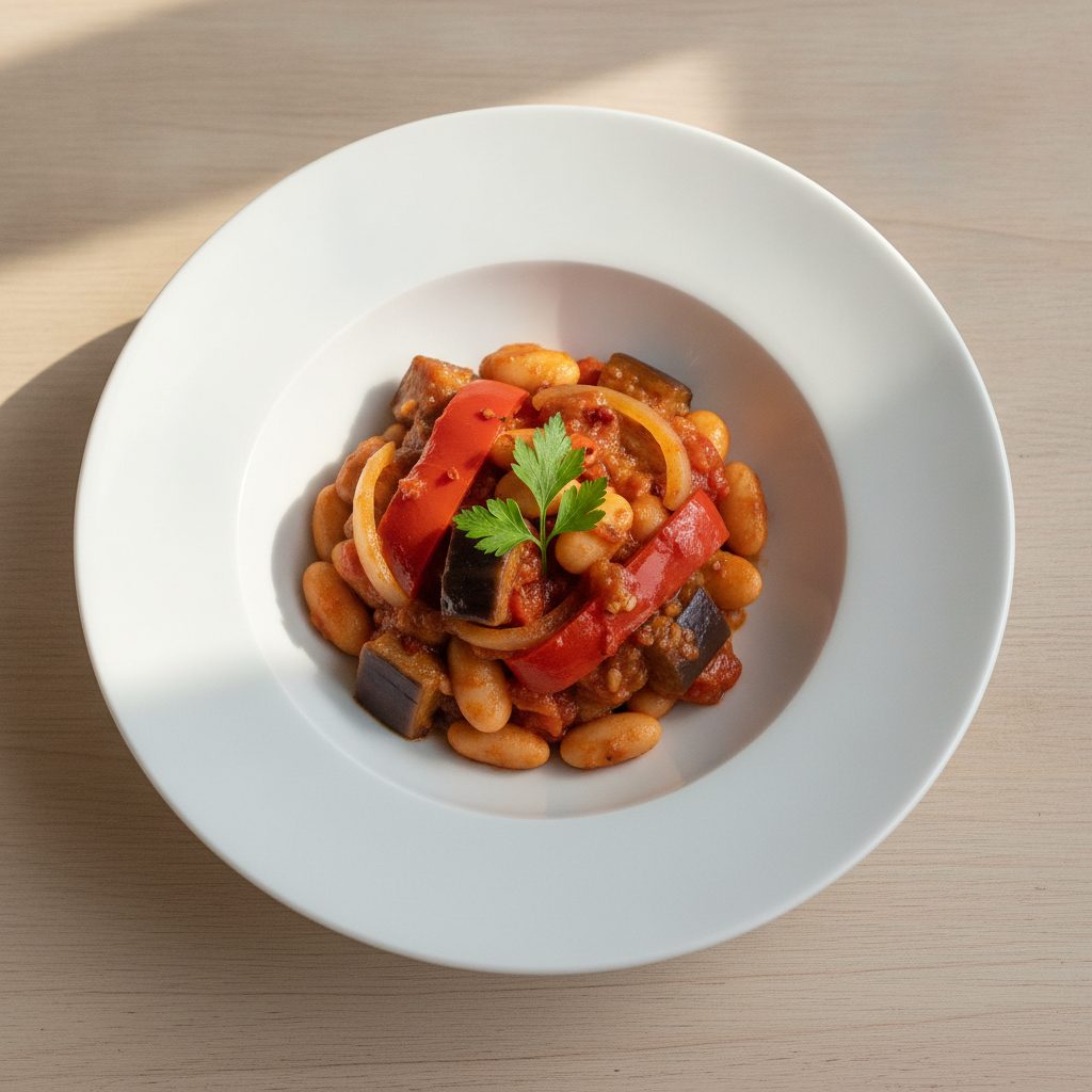 Turkse pan met aubergine, rode paprika en witte bonen