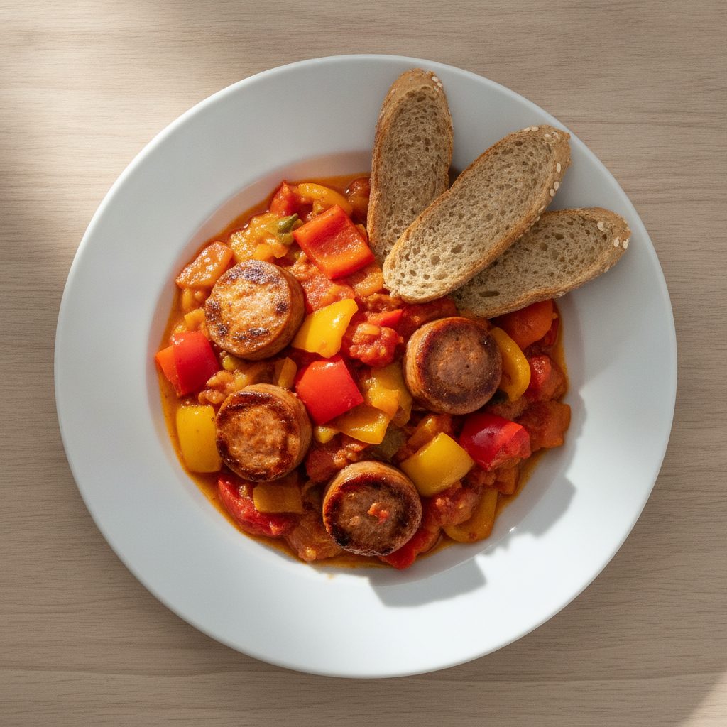 Hongaarse lecsó met grillworst, paprika en volkoren speltbrood