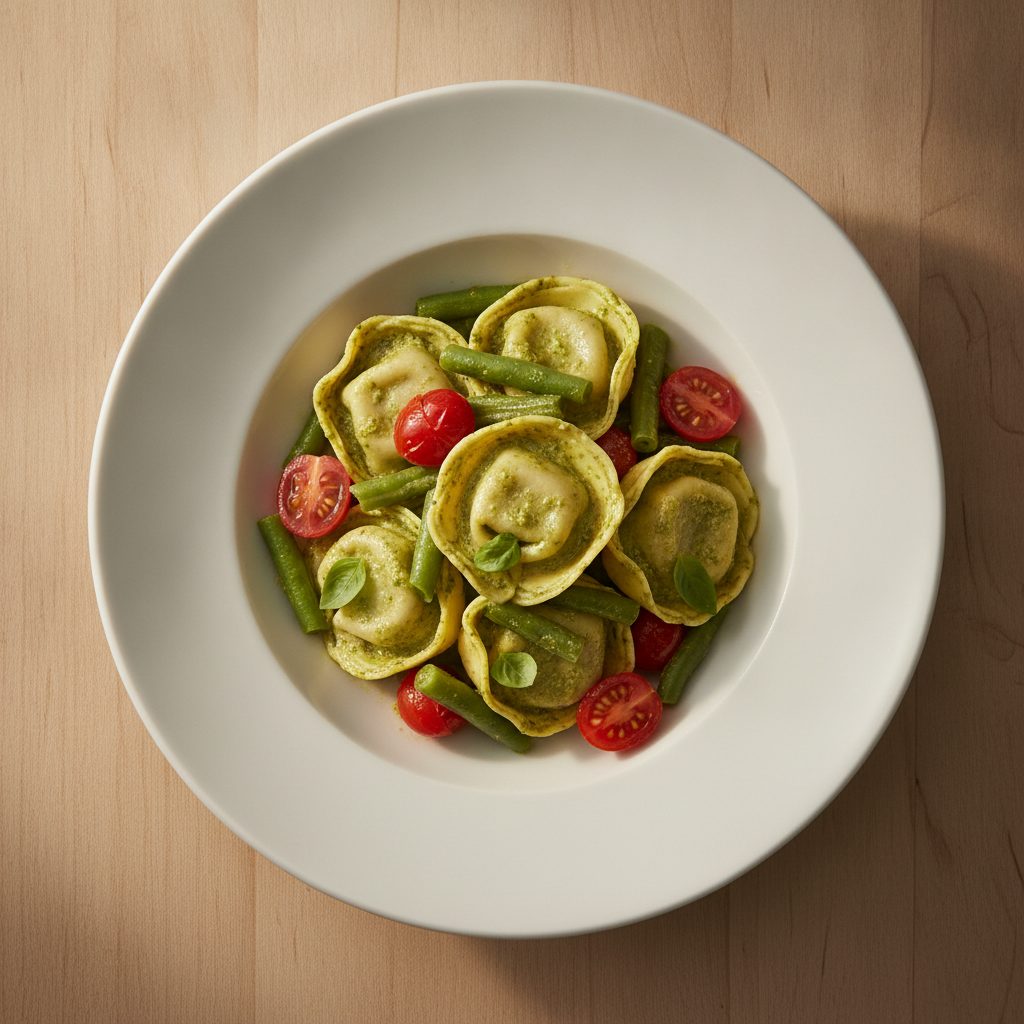 Ligurische tortelloni-pan met snijbonen, kerstomaat en pesto