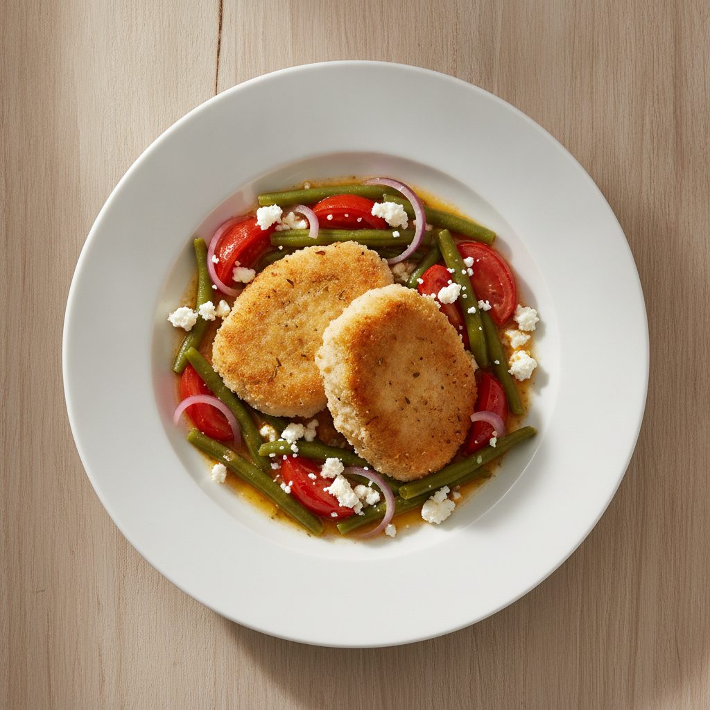 Griekse ovenschaal met kipschnitzel, sperziebonen, tomaat en feta