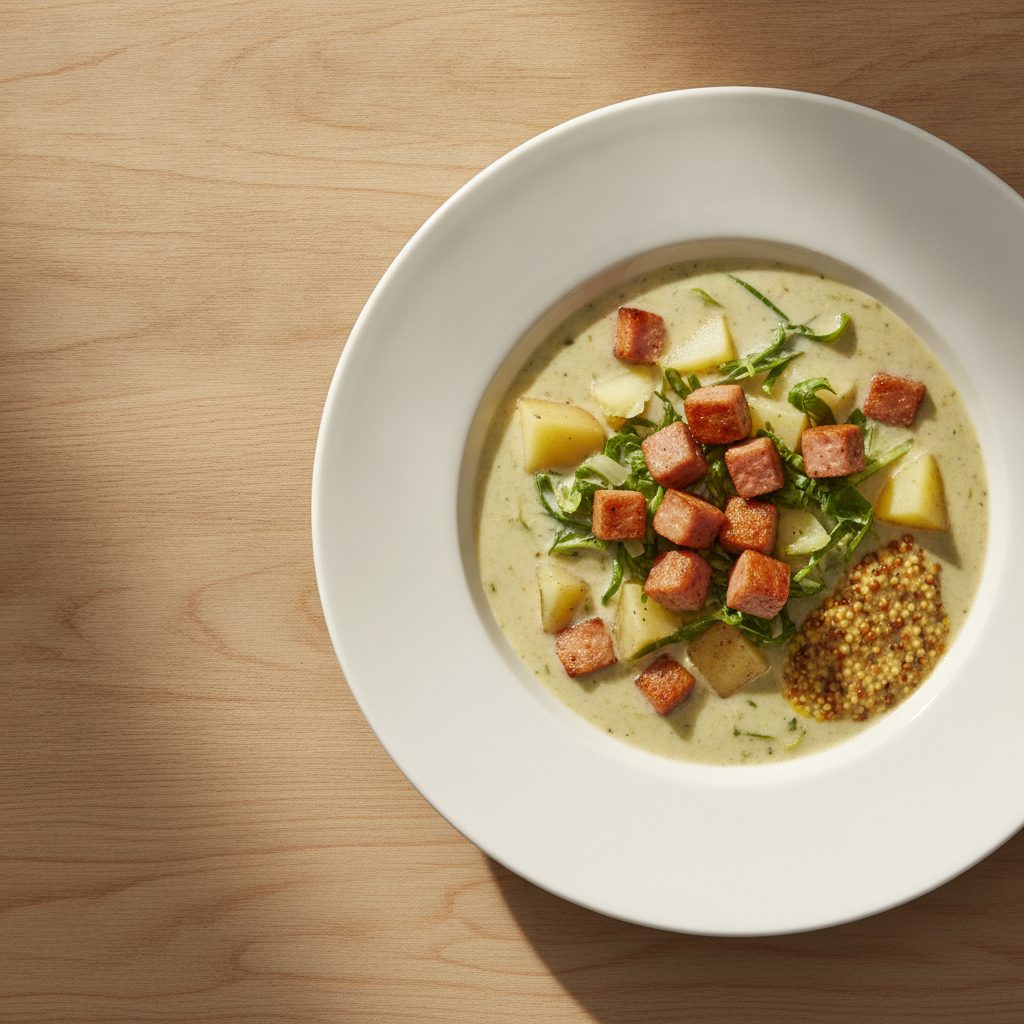 Nederlandse andijviesoep met aardappel, grillworst en mosterd