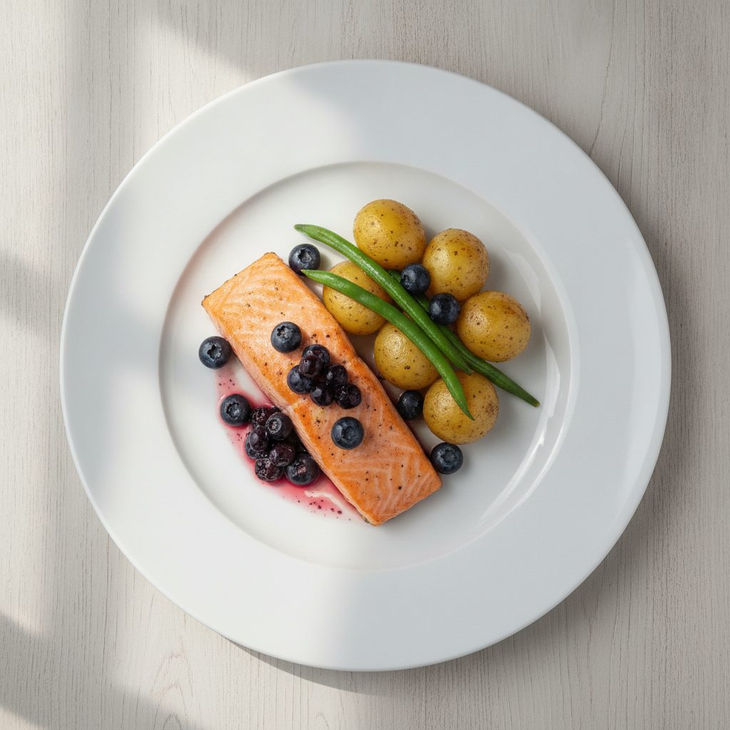 Scandinavische zalm met krieltjes, sperziebonen en zomerse bessendressing