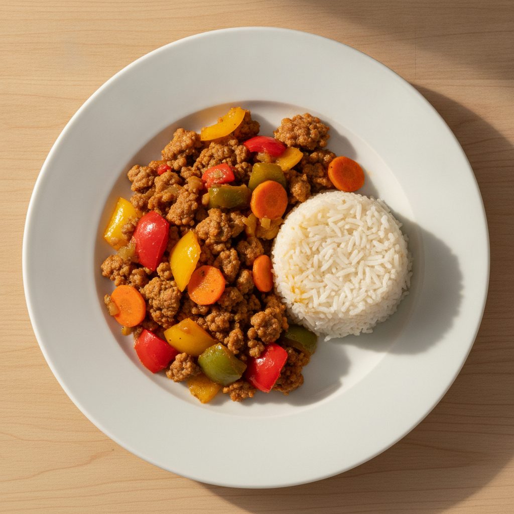 Hongaarse gehaktpan met paprika, wortel en rijst