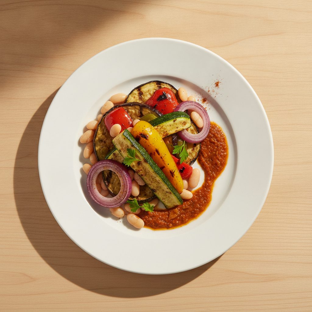 Catalaanse escalivada van de grill met witte bonen en romesco