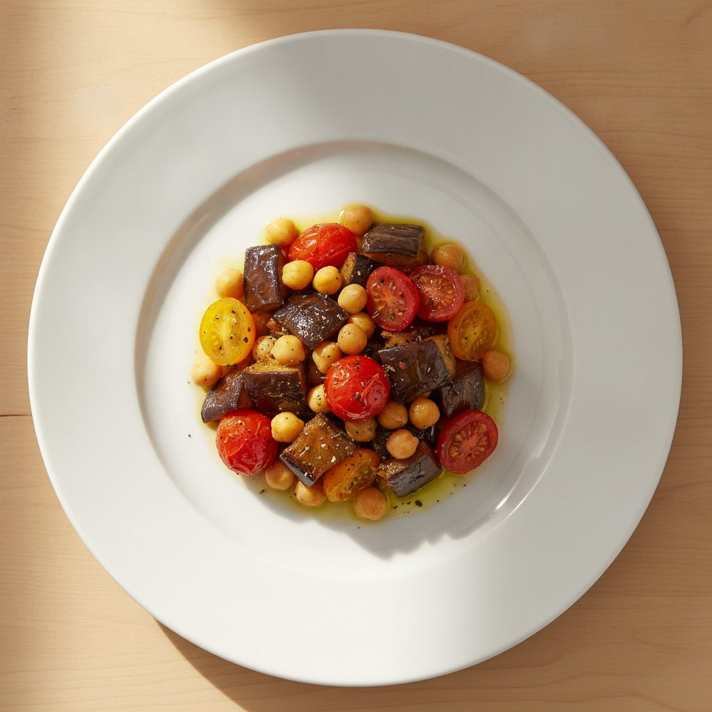 Marokkaanse ovenschaal met aubergine, kerstomaat en kikkererwten