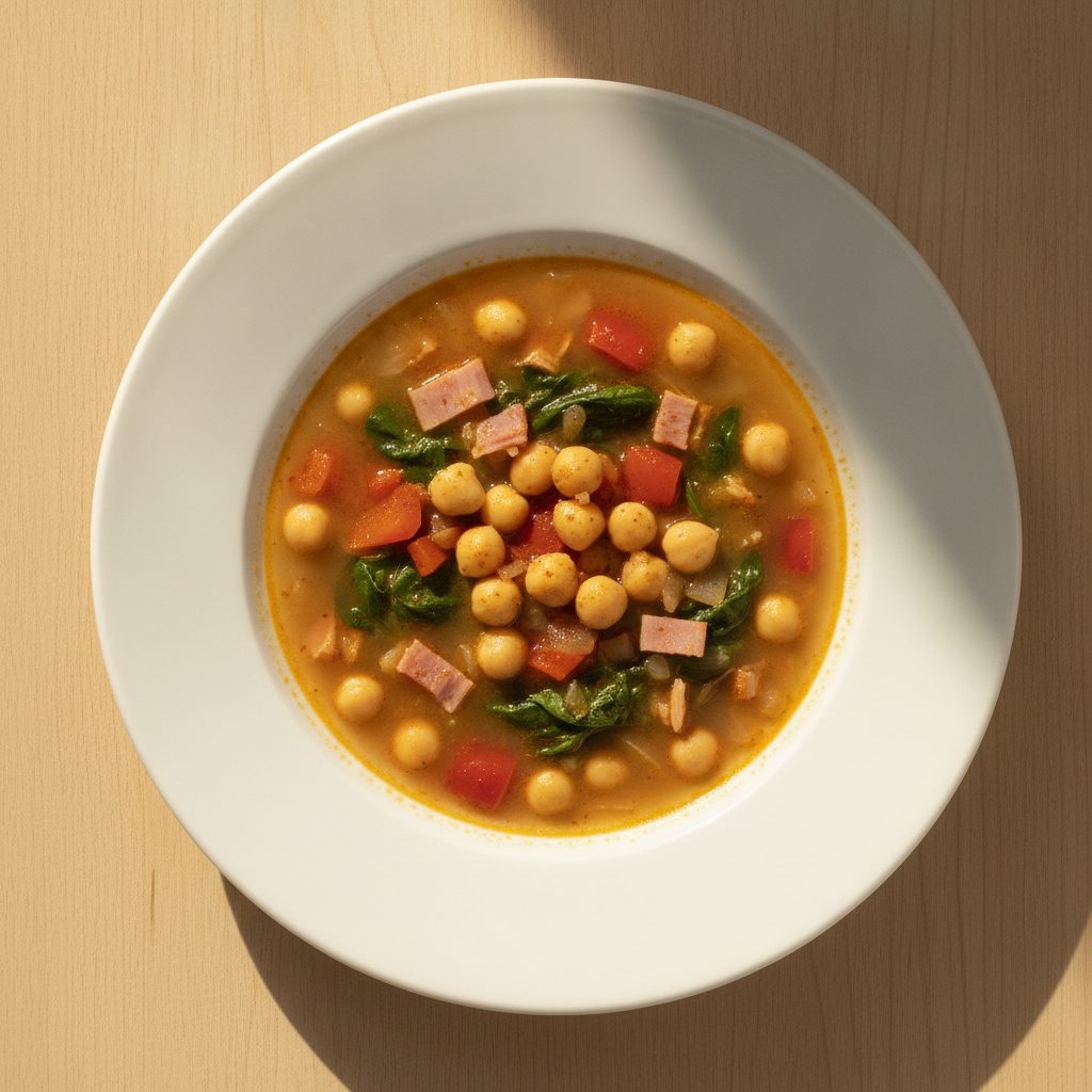 Andalusische kikkererwtensoep met spinazie, paprika en ham