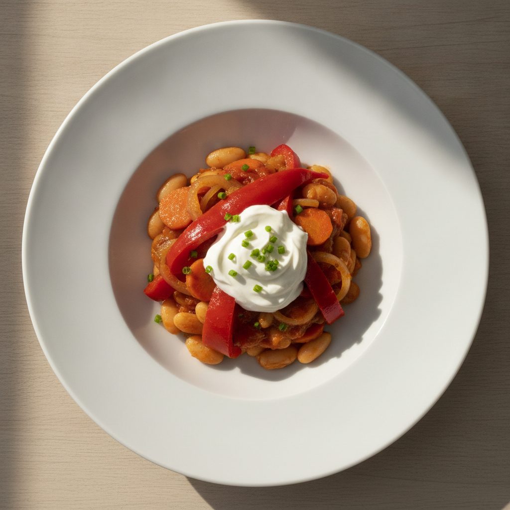 Hongaarse paprikapan met witte bonen, puntpaprika en zure room