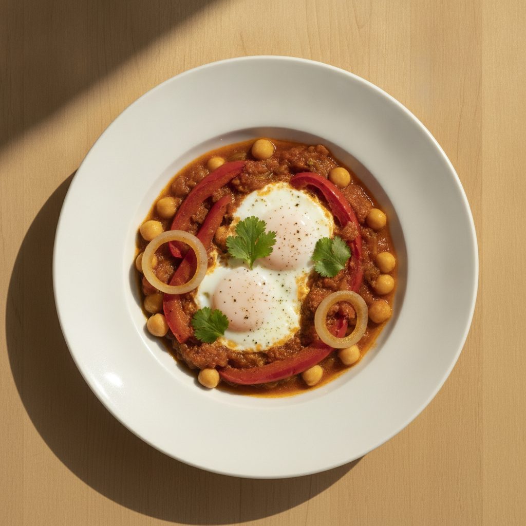 Tunesische shakshuka met puntpaprika, kikkererwten en ei