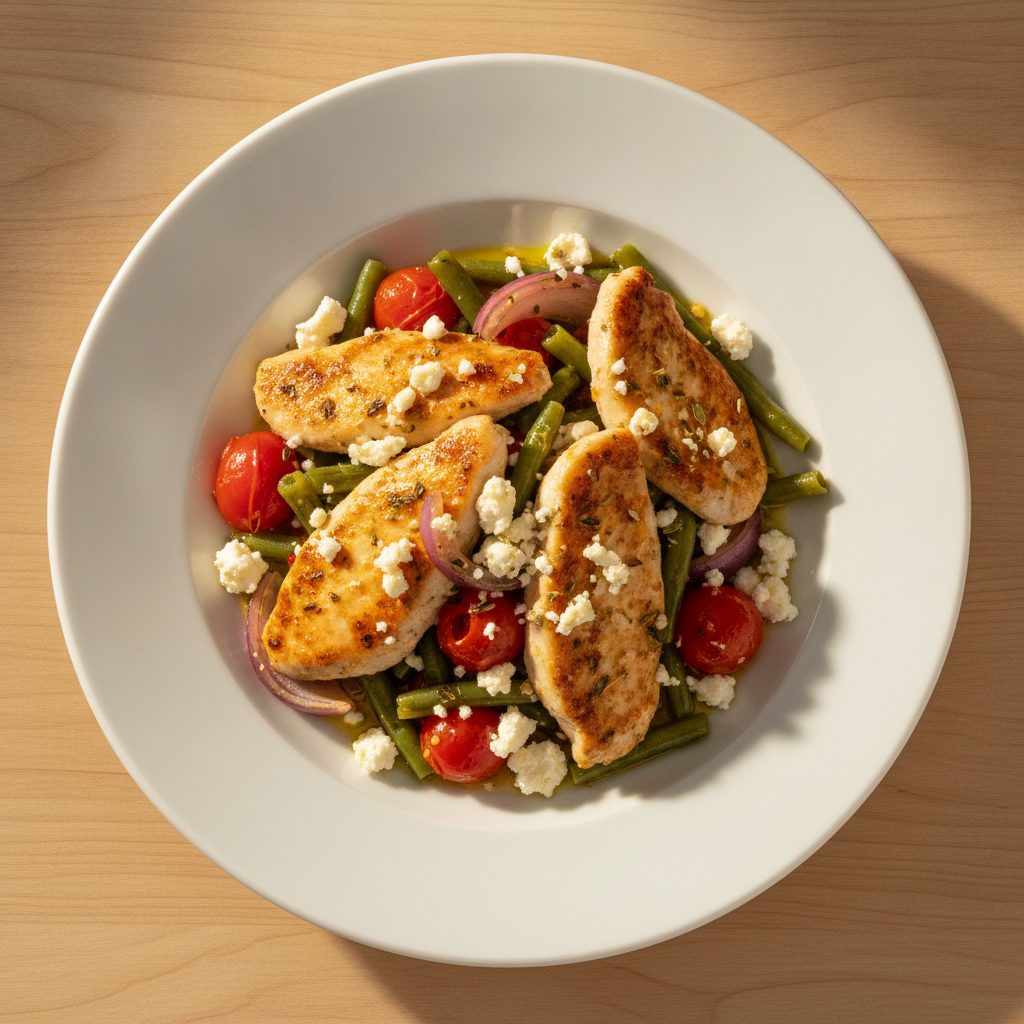 Griekse ovenschaal met kipfilethaasjes, sperziebonen en feta