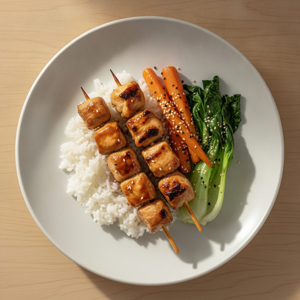 Japanse yakitori-kip met wortel, paksoi en sesam