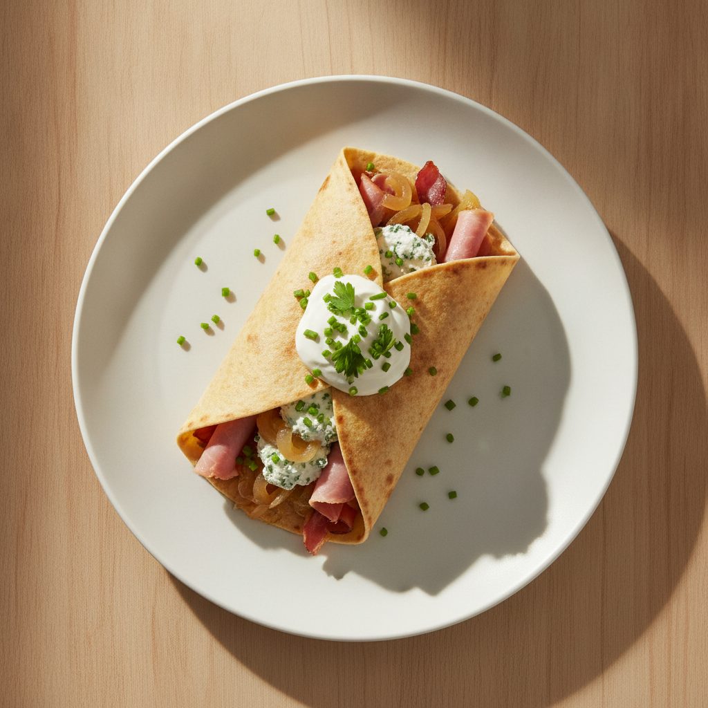 Elzasser wraptaart met gerookte ham, gekarameliseerde ui en kruidenkaas