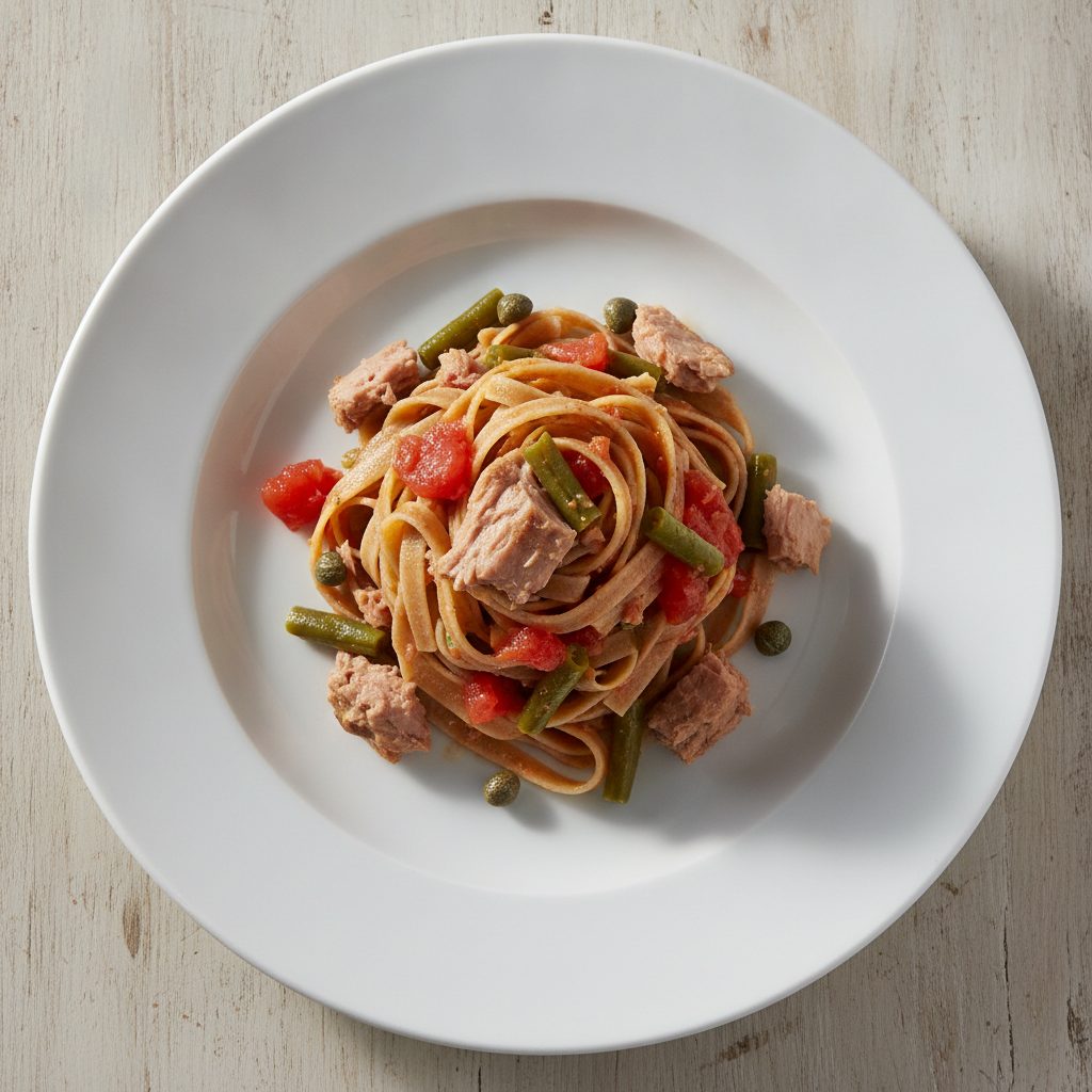 Siciliaanse volkoren tagliatelle met tonijn, tomaat en kappertjes
